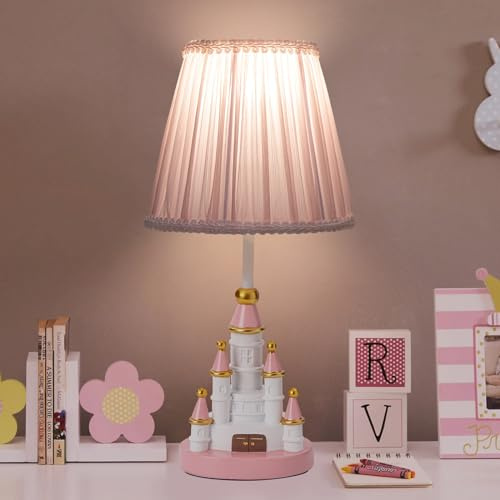 HERBESTBAY Lampada da tavolo per bambini, adorabile lampada da tavolo da 35,5 cm, stile castello, lampada da comodino rosa, ideale per la decorazione della camera da letto delle ragazze, include