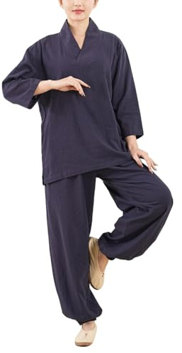 Womens Tai Chi Uniform Chinese Traditional Zen Meditation Suit Martial Arts Kung Fu Clothes Morning Exercises Outfit (28# Navy, L)