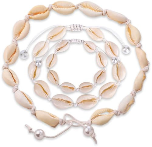 Lucktao 3 Stück Muschelkette und Muschel Armband und Muschel Fußkette Set,Muschelkette Damen,Muschelarmband,Fußkettchen Muscheln,Natürliche Muschelketten,Boho Schmuck,Verstellbares,für Damen Mädchen