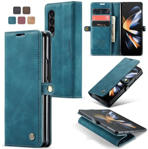 Cracedily for Samsung Galaxy Z Fold 4 Case, Wallet Case Flip Leather with Card Holder Magnetic Closure Shockproof Kickstand Protective Phone Cases Cover for Samsung Galaxy Z Fold4,Blue-Green