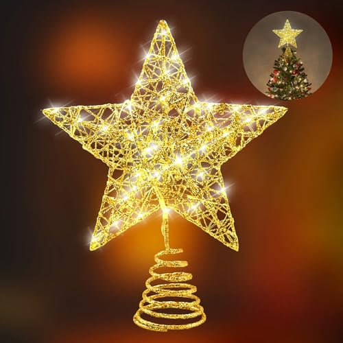 Lighted Christmas Tree Topper, 6.69 Inch Gold Christmas Tree Star with Warm White Fairy LED Lights, Glittered Hollow Tree Topper Star for Home Christmas Tree Decorations (Gold)