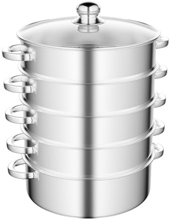 Konfiur Dampfgarer Topf 5 Lagiger, Mantowarka Induktion Edelstahl Gemüsedämpfer mit 1 Pfanne und 4 Dämpfern, Schongarer mit Glasabdeckung Dämpfer Kochtopf (Silber, 30cm/12Zoll)