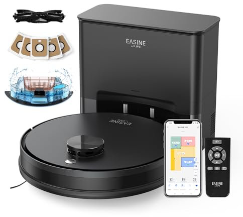 EASINE Robot Aspirador y Fregasuelos Autovaciado, Navegación Láser 5000Pa, 5 Bolsas Polvo Incluidas, Duración 180min, Continuación Automática Limpieza, App/Voz/Mando, S20