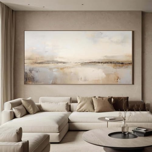 Lienzo de paisaje gris grande con marco abstracto texturizado, arte de pared decorativo, 100 x 200 cm (39 x 79 pulgadas) con marco dorado.