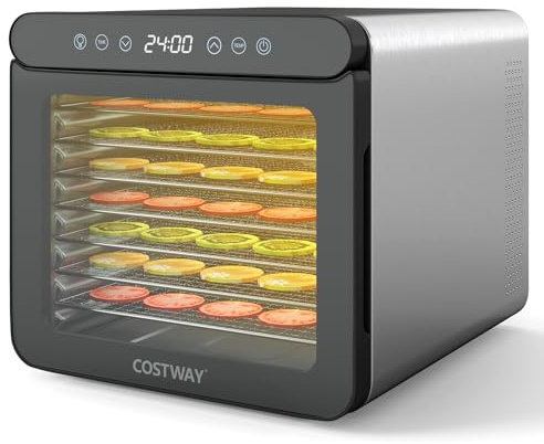 COSTWAY Food Dehydrator, 600W Fruit Dryer with Stainless Steel Trays, Adjustable Temperature, 24H Timer, Touch Panel & Accessories, Digital Drying Machine for Meat Vegetable Jerky Pet Treat, Silver