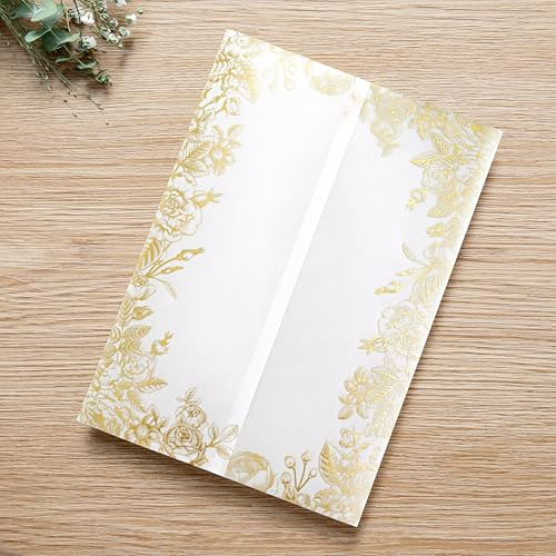 PONATIA 50PCS Gold Vellum Jackets for 5x7 Invitation Cards | 135GSM Gold Foil Print Flowers Invitation Sleeves 5x7 Vellum Paper Envelopes - Transparent Christmas Gift Cards quinceanera