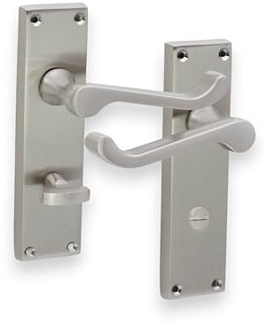 Infinity Decor Pair of Satin Nickel Victorian Scroll Lever Door Handle on Thumb Turn Rectangular Backplate Door Latch Set - Privacy Interior Doors Hanldes for Interior Baathroom Toilet Doors