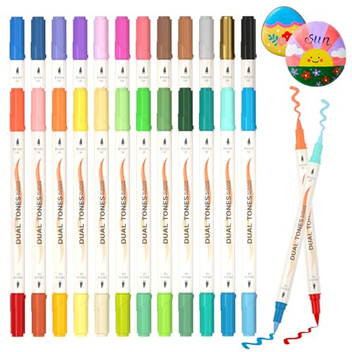 Shuttle Art 48 Couleurs Feutres Acryliques Bicolores, 24 Marqueurs Peinture Acrylique à Double Pointe pour Peindre sur Pierre, Céramique, Bois, Toile, Verre, Cartes, Bricolage