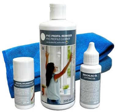 Set di pulizia in PVC per porte finestre – Detergente per plastica di alta qualità, panno in microfibra, accessori penna per la cura, olio speciale – solo per profili in PVC bianco, telaio, tapparelle