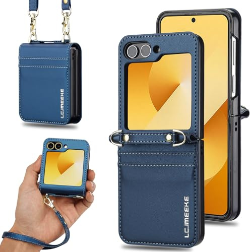 ZHOZEXIN Étui Portefeuille élégant en Cuir PU pour Samsung Galaxy Z Flip 5, avec Support, Fente pour Cartes, dragonne et bandoulière.（Bleu）
