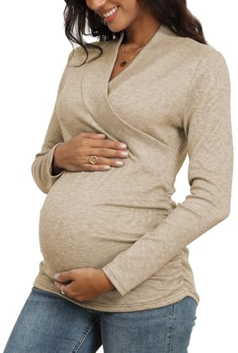 DreamGlee Nursing Top Cross V Neck Long Sleeve, Khaki XL