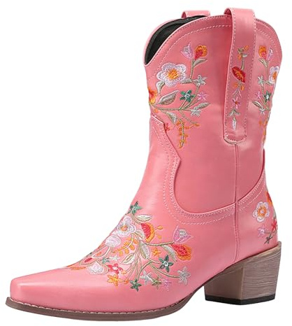 Xbemkste cowboystövlar dam läder blommönster broderi västerländska stövlar halvskaft damstövlar slip-in medelhöga stövlar traditionella stövlar vintage ankelstövlar