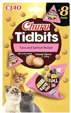 INABA Churu Tidbits Snack per Gatti, Bocconcini di Pollo con Tonno e Salmone - 8 Pack x 12gr - Snack Morbido con Ripieno Cremoso - Cibo per Gatti Senza Conservanti o Coloranti Artificiali, Grain-Free