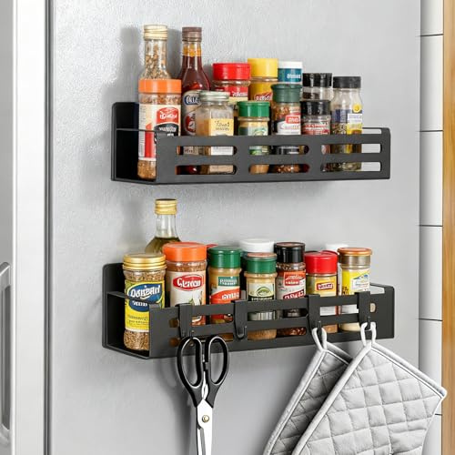 WGIDSKKI Kühlschrank Regal Magnetisch Maximale Belastung 3 KG, Kühlschrank Magnet Organizer mit beweglichen 4 Haken, Magnetisches Gewürzregal für Kühlschrank für Gewürze, Gläser-Schwarz (2PCS)
