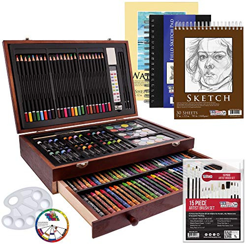 U.S. Art Supply 162-Piece Mega Wood Box Artist Kit with Painting, Drawing & Art Supplies for Adults - 24 Each (Watercolors, Oil Pastels, Pencils), 60 Crayons & 2 Brushes - Art Kit for Adults, Gift Set