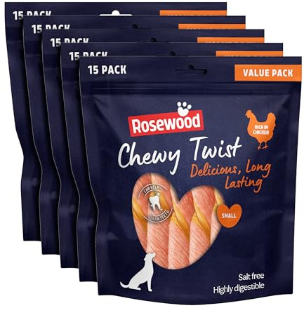 Rosewood Chewy Twist Treats for Dogs - XL Value Pack, Rich in Chicken, Small Dog Treats, Delicious, Long-Lasting Chews, Helps Clean Teeth, Salt Free, Highly Digestible, 15pc (Case of 5 x 345g)