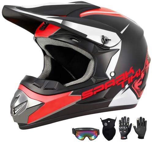 Kids Youth Off-Road Motorcycle Helmet Full Face,Goggles, Gloves & Mask Set,DOT Approved ATV BMX MX Mountain Bike Motocross Gear for Boys Girls Halloween (Red, S)