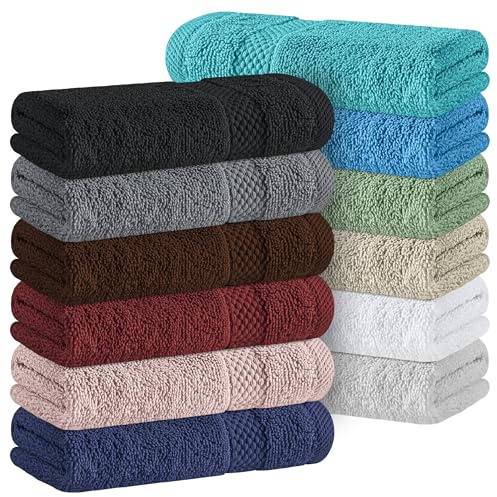 White Classic Luxury Cotton Washcloths 13x13 Inch - 650 GSM Turkish Cotton | Hotel, Spa, Bathroom Face Towel | 12 Pack, Multicolor