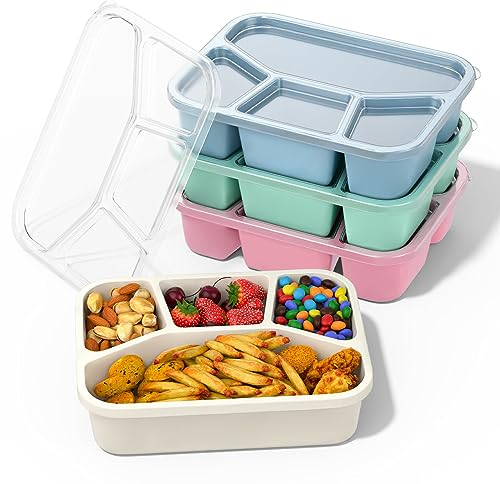 MEEYUU 4 Pack Bento Lunch Box for Adults and Kids, 4 Compartment Bento Box Containers for Kids, Reusable Food Storage Containers with Transparent Lids Easy Clean Microwave Safe (Green/Blue/Pink/White)