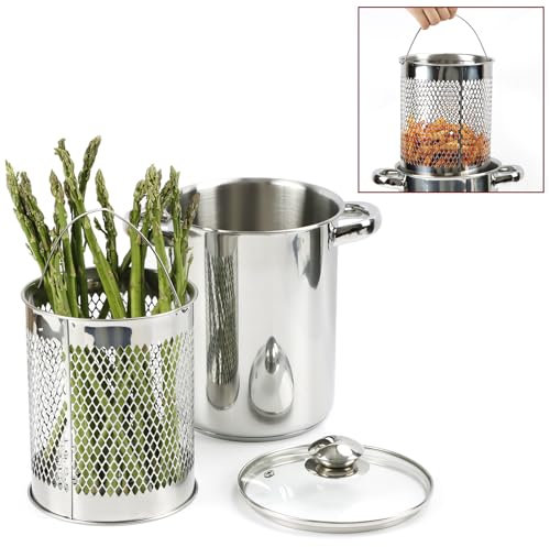 Glendaveny Stainless Steel 4 Quart Steam Cooker, Asparagus Pot with Removable Basket and Lid, Spaghetti Pasta Cooker, Small Deep Fryer Pot for Kitchen