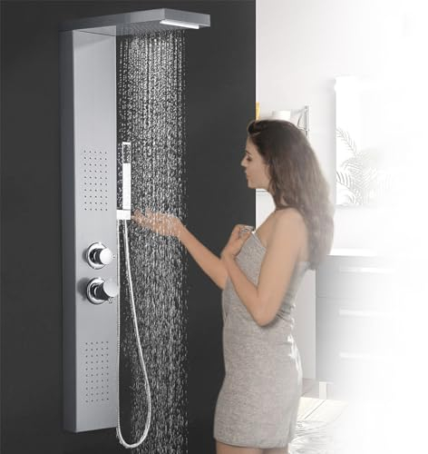 JNGLGO Duschpaneel Edelstahl Duschsystem Silber mit Thermostat Duschsäule Duschset Gebürstet Duscharmatur für Bad - Regendusche Handbrause Massagedusche Wasserfalldusche (Silber)