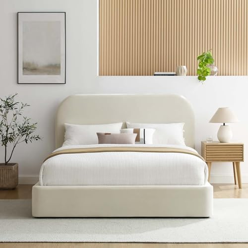 Modway Keynote Modern Full Bed Frame with Curve Shaped Headboard in Alabaster, Upholstered in Performance Velvet, Full Size Platform Bed, Soft Cloud Bed Frameain-Resistant Velvet Full Bed