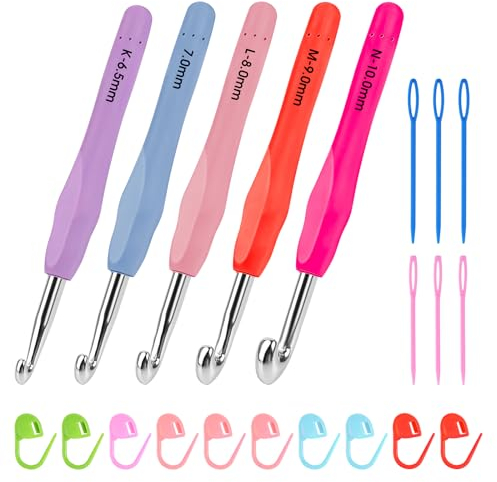 Crochet Hook Set, Size 6.5mm 7mm 8mm 9mm 10mm Ergonomic Aluminum Large Crochet Hooks Kit with Soft Handles Include Crochet Needles and Stitch Markers for Arthritic Hands Beginners Knitting Supplies