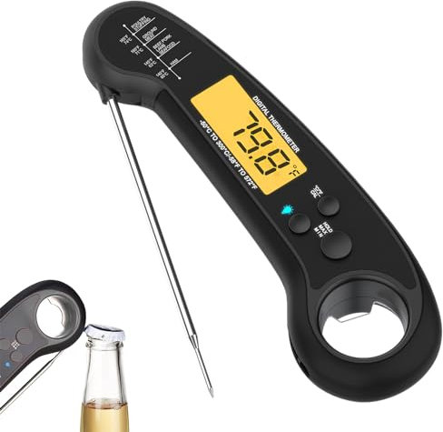 Konesky Thermomètre Cuisine, Étanche IPX7 Sonde de Température Cuisine, Réponse Rapide Thermomètre Cuisson, Pliable Thermomètre Pâtisserie pour Barbecue, Rôti, Barbecue et Boissons Noir.