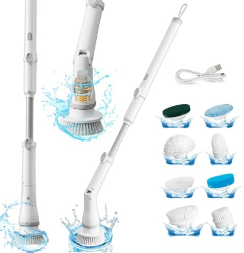 Electric Spin Scrubber Cordless – High-Power Bathroom & Shower Cleaner with Long Handle, 8 Replaceable Heads, Dual Speed (350/420 RPM), 200-Minute Battery Life for Tile, Floor, and Grout Cleaning