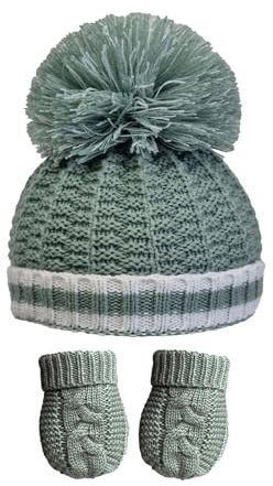 Royal Icon Baby Knitted Pom Pom Hat With Mittens Baby Boys Girls Winter Hat Mittens Set Cable Knit Single Pom Pom Bubble Hat Colours Available NB-12 Months RI6512 (Sage Green Ri648)