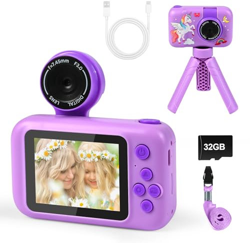 Camara Fotos Infantil, Camara de Fotos para Niños con Pantalla de 2,4”,Lente de180°Flip, Selfie y Juego, Vídeo 1080P con Tarjeta 32G, Zoom 8X, Filtros, para niños de Navidad Cumpleaños (Unicornio)