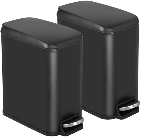 BestOffice Slim Trash Can with Lid, 1.3 Gallon Step Pedal Small Trash Can, Black Stainless Trash Bin for Bathroom, Bedroom, Kitchen, Office (5L)