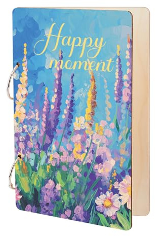 SUPERDANT Classeur à Feuilles Mobiles en Bois Carte de Vœux Carte Postale Album Photo Porte Cartes de Vœux Happy Moment 2 anneau Couverture Peinture à L'Huile Fleurs Livre de Gardien