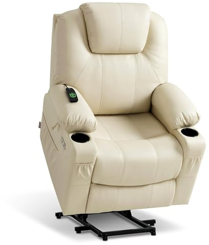 MCombo Riser and Recliner Chairs for Elderly, Electric Power Lift Chairs for Living Room, Cream Lift Armchair, Heated and Massage, Extended Footrest, USB Ports, Faux Leather 7040 (Cream White, Medium)