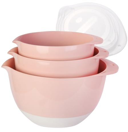 JCXivan 3 Mixing Bowls Set with Lids,Pour Spout and TPR Bottom, Plastic Nesting Bowl Use for Kitchen Cooking-Prep,Serving,Baking Bread Cake,Pancake,Waffle,Non-slip,Dishwasher Safe,3Qt,2Qt,1.5Qt,Pink