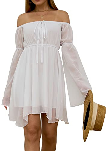 FDKLOOK Off Shoulder Dress for Womens UK Bell Sleeve Lace-Up Irregular Fairy Chiffon Mini Pirate Dress White M