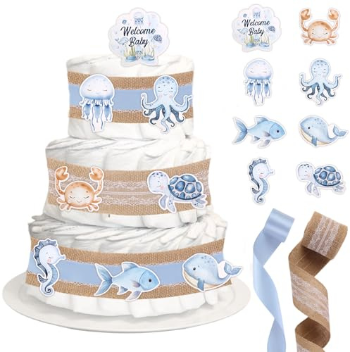CORNER LACE Baby Shower Under The Sea Animals Theme Diaper Decorations, Birthday Welcome Baby Party Diaper Cake Supplies Blue, Include Ribbon, Cake Cards(Diapers Not Included)