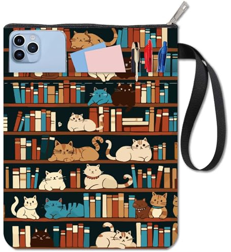 CRASPIRE Copertine per Libri A Forma di Gatto per Scaffali per Libri per Libri Tascabili in Tessuto Lavabile con Cerniera e Tasca Extra per Gli Amanti dei Libri Regali per I Compagni di Classe
