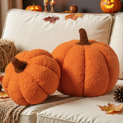Lanpn Juego de 2 Almohada de Calabaza,Halloween Decoracion Cojín Decorativo de Calabaza Sherpa De Vellón Suave Linda Forma 3D para Autumn Thanksgiving Sofá Cama Dormitorio (Naranja, 32x22cm & 23x18cm)
