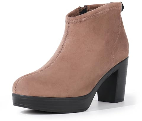 Hawkwell Botines para mujer de ante con soporte para el arco del pie y cremallera lateral, cómodos, tacón de bloque grueso, marrón oscuro, 39 EU