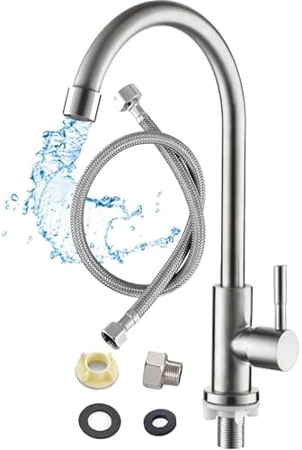 MYELECTROID Grifo Cocina Fregadero Solo Frío Alta Presión | Grifo Monomando, Giratorio 360º, Ahorro de Agua | Instalación Fácil Acero Inoxidable Grifos para Fregadero, Inoxidable, M18703
