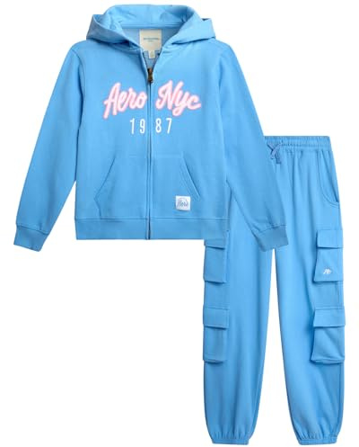 AEROPOSTALE Girls Tracksuit Set - 2 Piece Cozy Fleece Zip Up Hoodie Sweatshirt and Cargo Jogger Sweatpants for Girls (4-16), Size 7/8, Baby Blue Pink