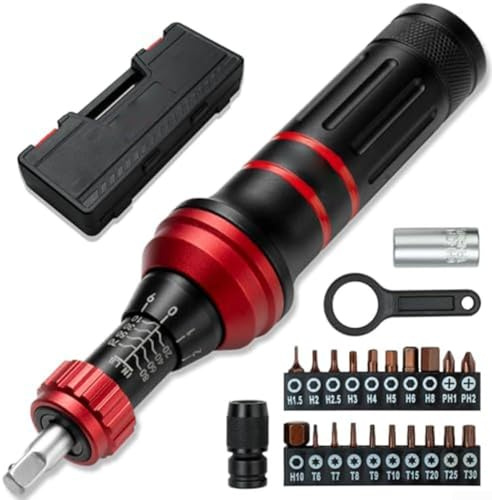 Mechanisches Drehmoment Schraubendreher Set mit 24 Stück inkl. 20 Bits, Einstellbares Drehmoment 10 80 Zoll lb, Rutschdrehmomentlehre, Chrom-Vanadium-Stahl-Bits mit Kalibrierzertifikat (1-6 Nm)