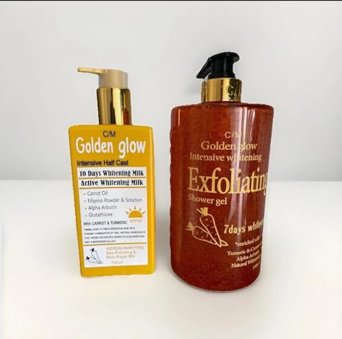 C/M Golden Glow Intensive Whitening Exfoliating Shower Gel & Half Cast Whitening Milk Set, with Turmeric, Carrot Oil, Alpha Arbutin, 500ml