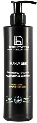 Homo Naturals Gel de Ducha y Champú Hombre sin Sulfatos ni Parabenos, BIO - Gel de Baño y Champu 2 en 1 Uso Frecuente Hombre - Con Aloe Vera - Orgánico y Vegano - 250 ml