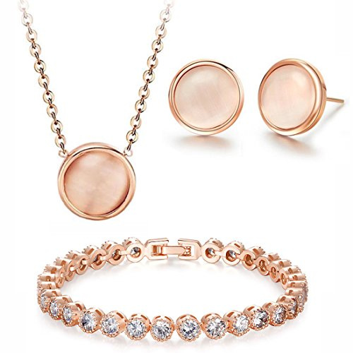 Kim Johanson Set di gioielli da donna in acciaio inox, con perla, fagiolo in oro rosa, collana con ciondolo, orecchini e bracciale, con sacchetto portagioie