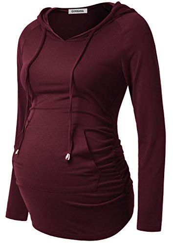 GINKANA Maternity Hoodie Sweatshirt Long Sleeve Basic Top Ruch Sides for Pregnant Women,Burgundy Red,XX-Large
