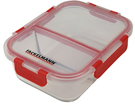 Fackelmann 47394 Boite de conservation en verre à 2 compartiments 1050mL, Lunchbox en verre et couvercle hermétique à clips, Verre, Plastique, Rouge, 21x16cm