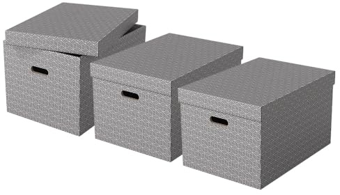 Esselte Large Storage Box With Lid, Pack Of 3, Home/Office Storage & Organisation, 100% Recycled Cardboard, 100% Recyclable, Home Geometric Design, Grey, 628287