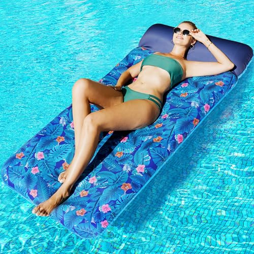 FindUWill Oversized Pool Floats for Adults - 72 X 37 Extra Large Fabric-Covered, Inflatable Pool Lounger with Headrest Ultra-Comfort Cooling Pool Floaties Mat (XL, Monstera Blue)